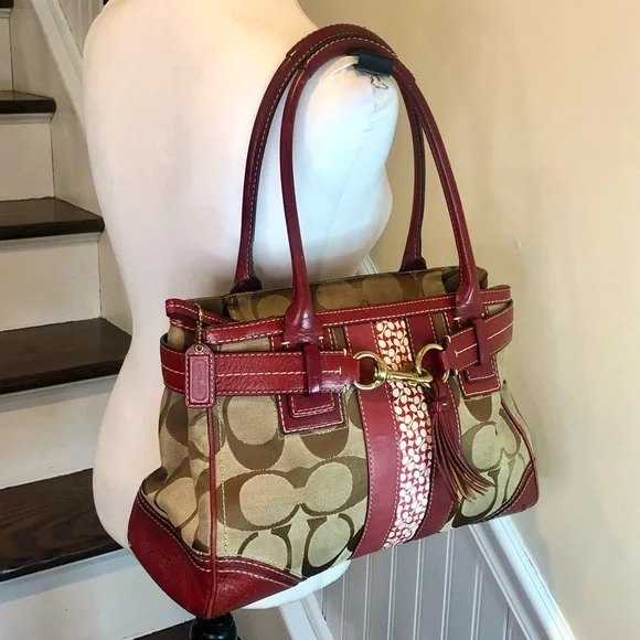 COACH Hampton Signature C Logo Canvas Red Leather Briefcase Shoulder Bag RARE - Picture 4 of 17
